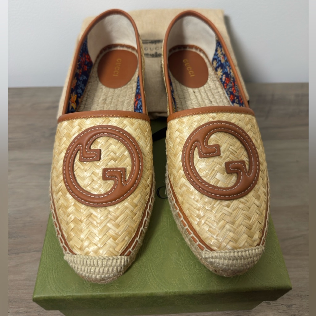Gucci Adela Gg Woven Raffia Espadrilles Shoes Sz 38 Nib Authentic